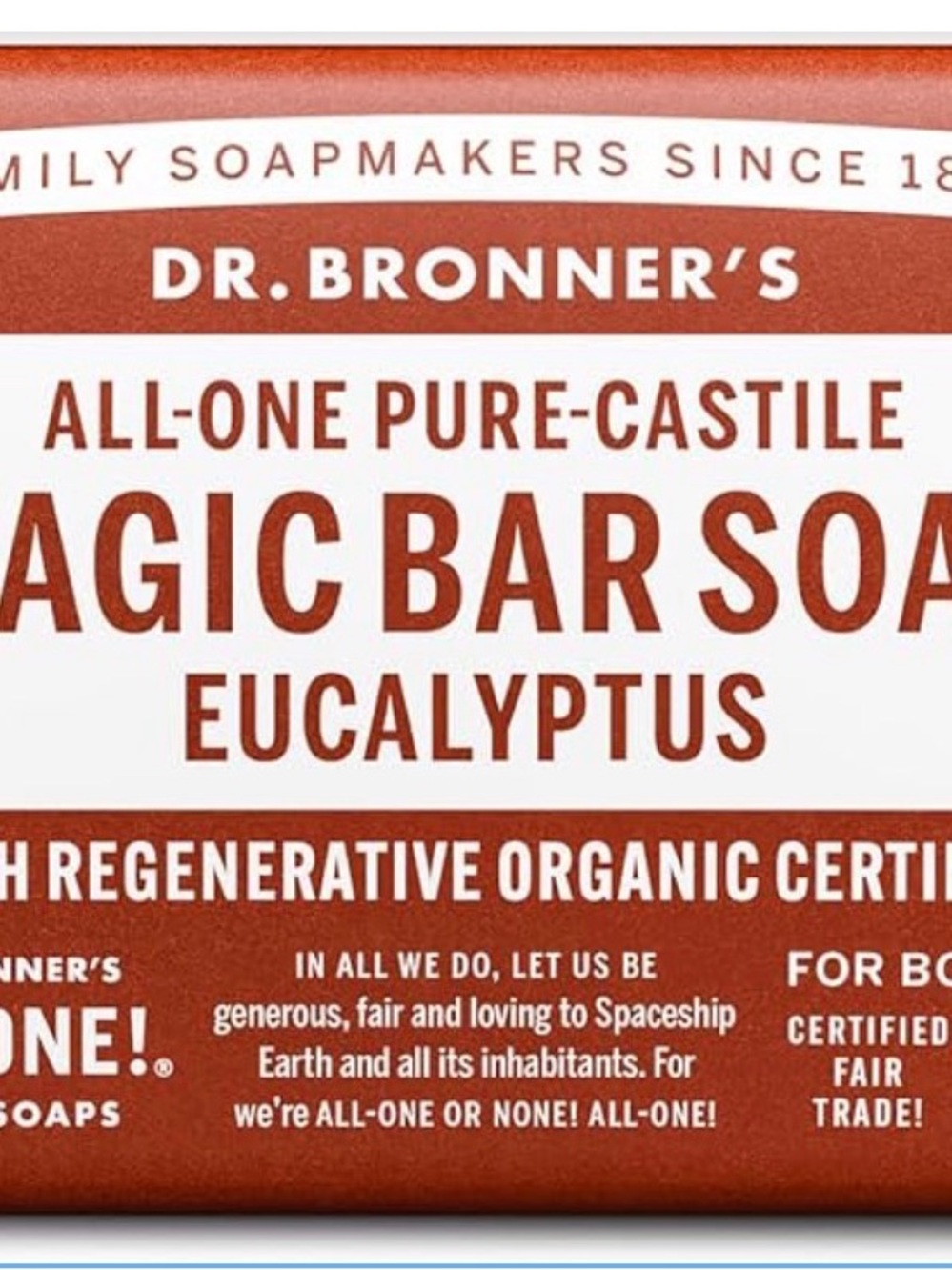 Dr. Bronner's All-One Pure-Castile Eucalyptus Magic Bar Soap.